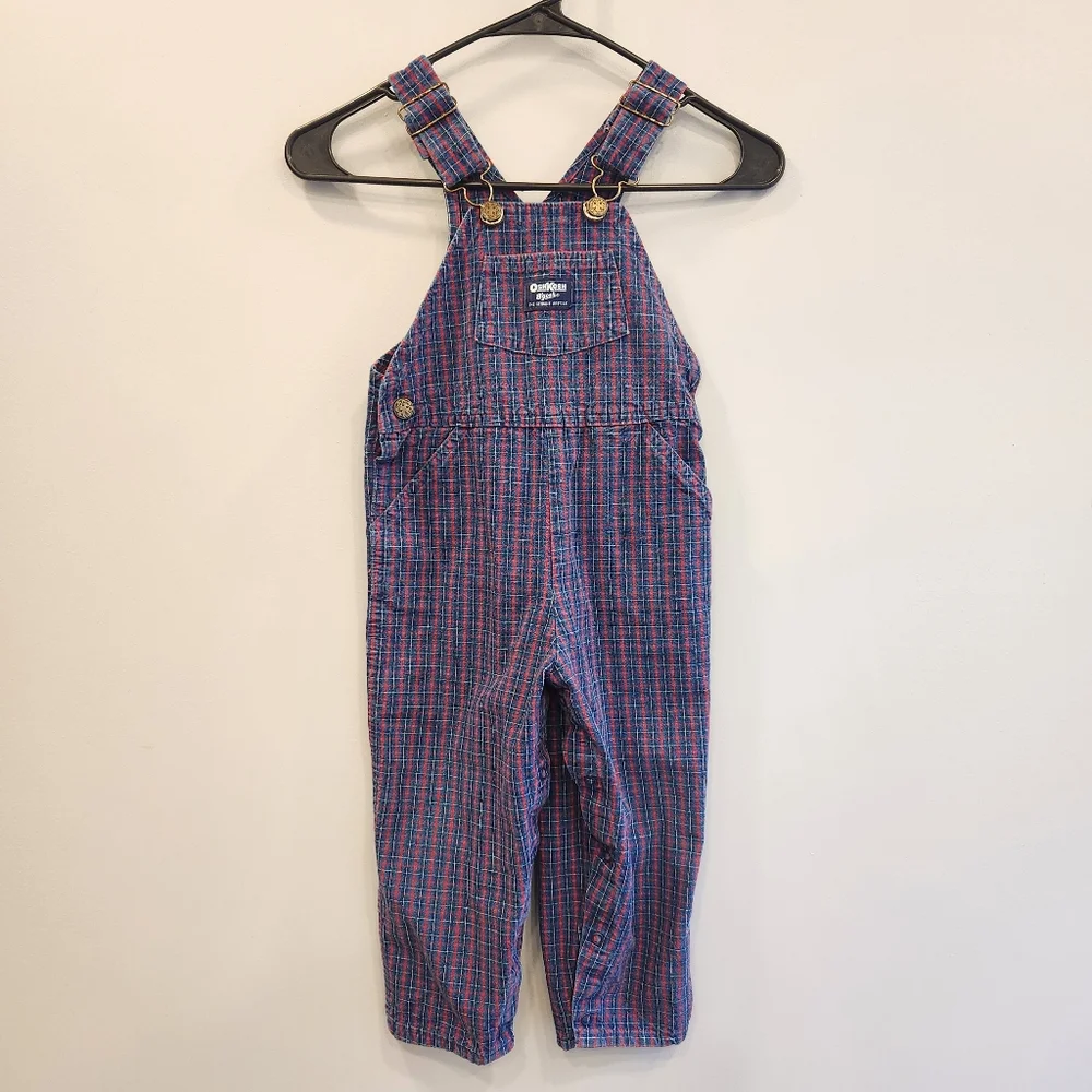 OshKosh B'gosh Plaid Vintage 90s Snap Button Overalls 100% Cotton Made In USA